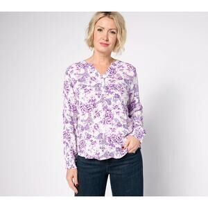 Denim & Co. Printed Floral Shirt with Smocked Cuff Light Orchid Womens Sz Small